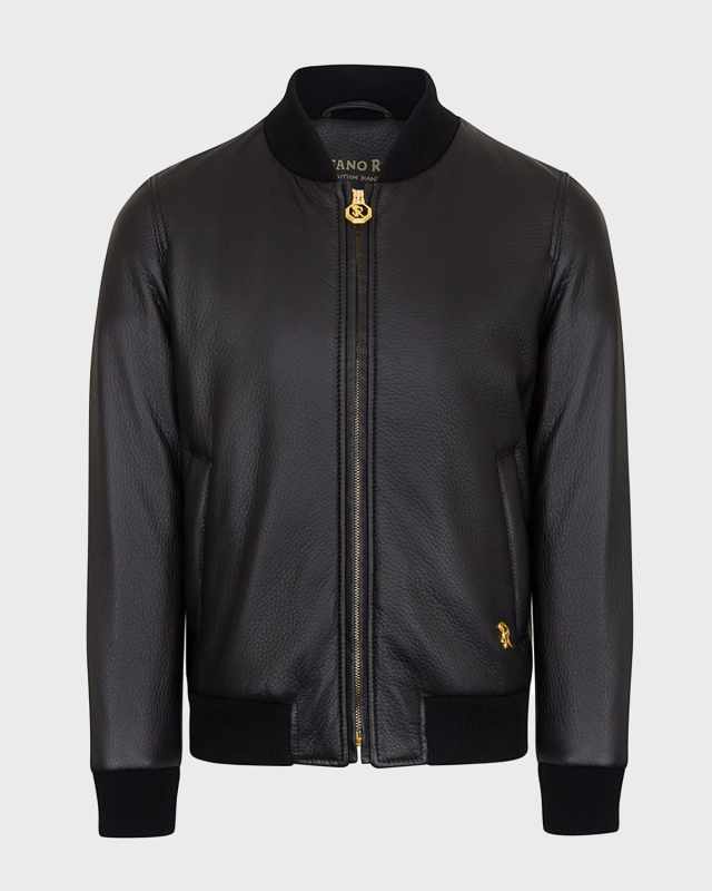 Boy's Tiger Embroidered Leather Bomber Jacket, Size 4-14