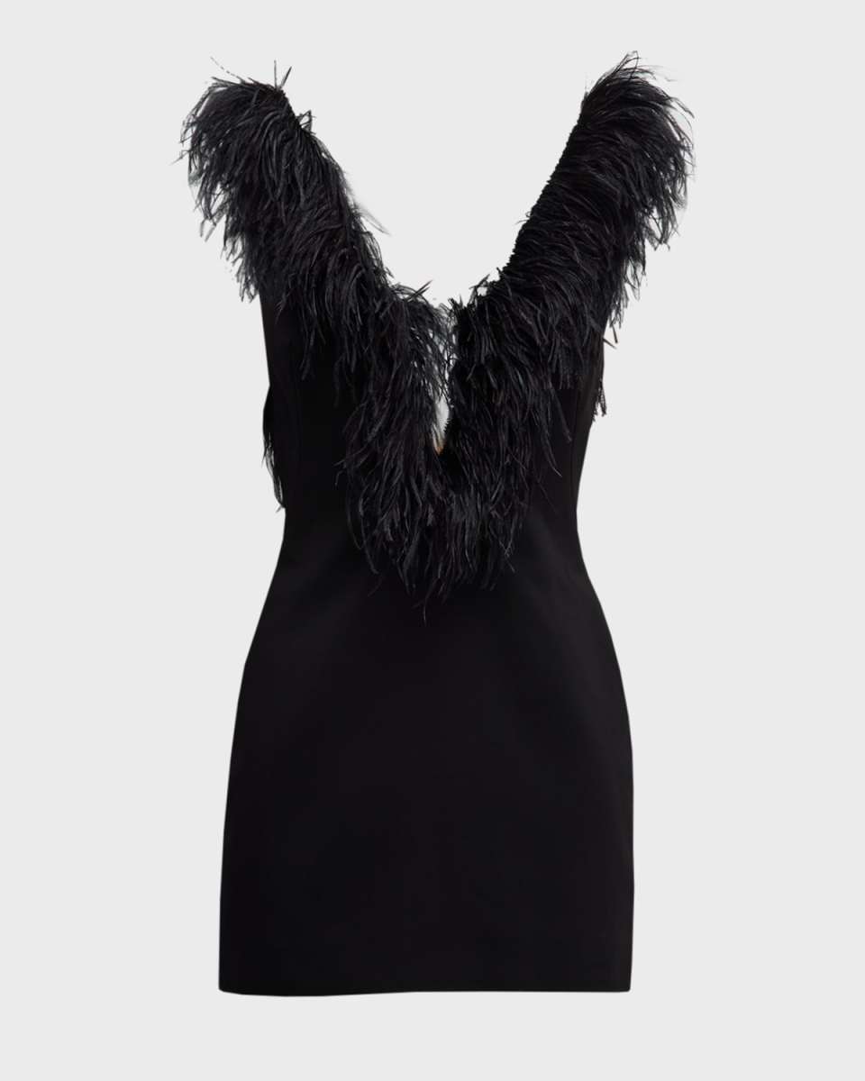 Feather-Trim Plunging Stretch Cady Sheath Mini Dress