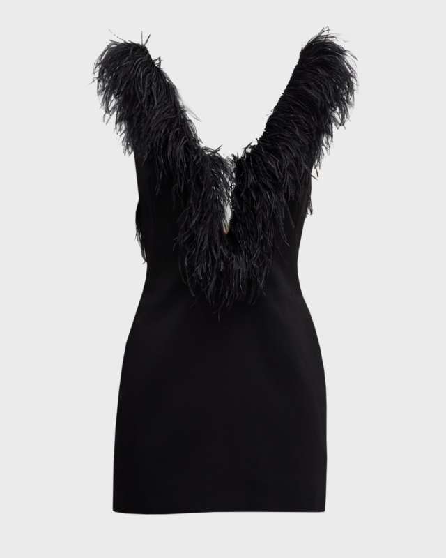 Feather-Trim Plunging Stretch Cady Sheath Mini Dress