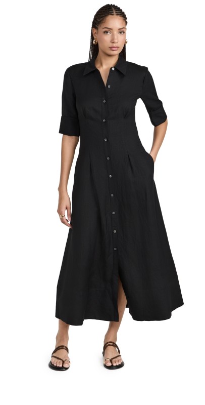 SIMKHAI Claudine Short Sleeve Shirt Midi Dress Black