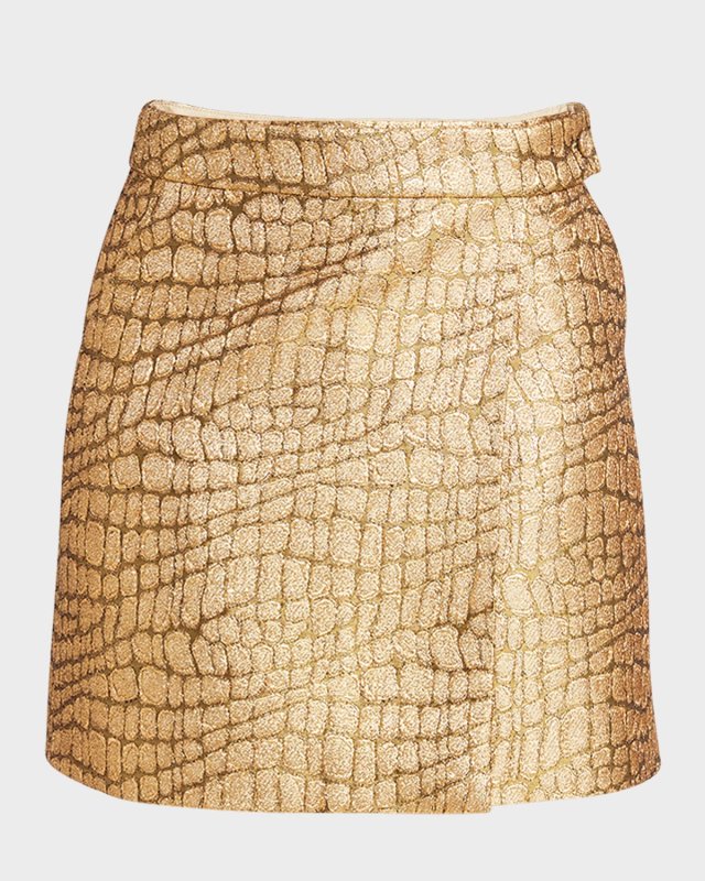 Metallic Croc-Jacquard Tailored Wrap Mini Skirt