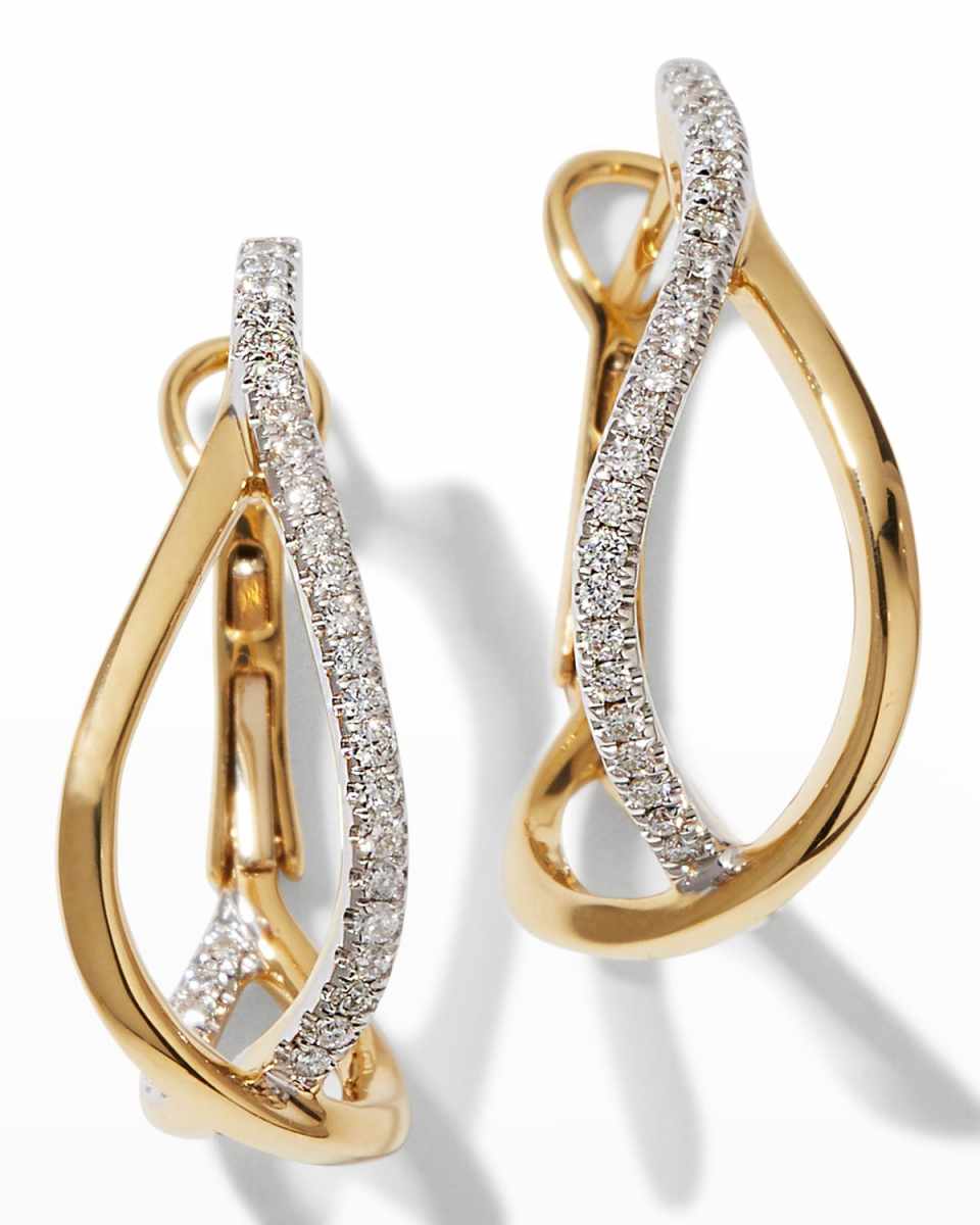 Yellow Gold Small Crossover Hoop Earrings with Diamonds