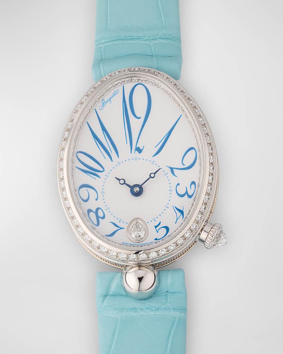 37mm Reine de Naples Automatic White Dial Watch with Alligator Strap