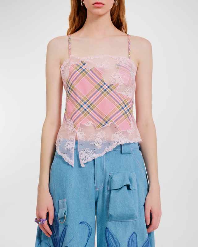 Hiss Plaid Lace-Edge Cropped Cami Top