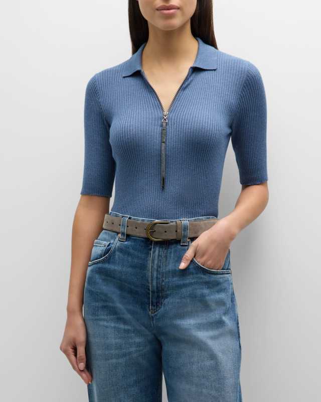 Ribbed Cashmere-Blend Polo Top with Monili Pull