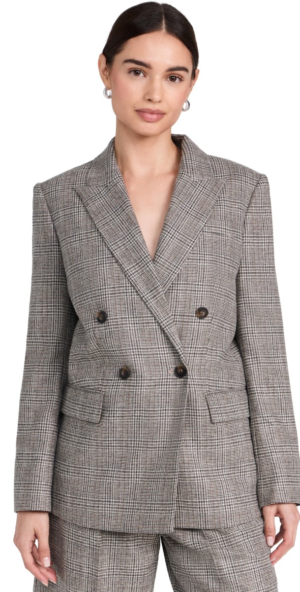 Vince Plaid Double Breasted Blazer Heritage Grey