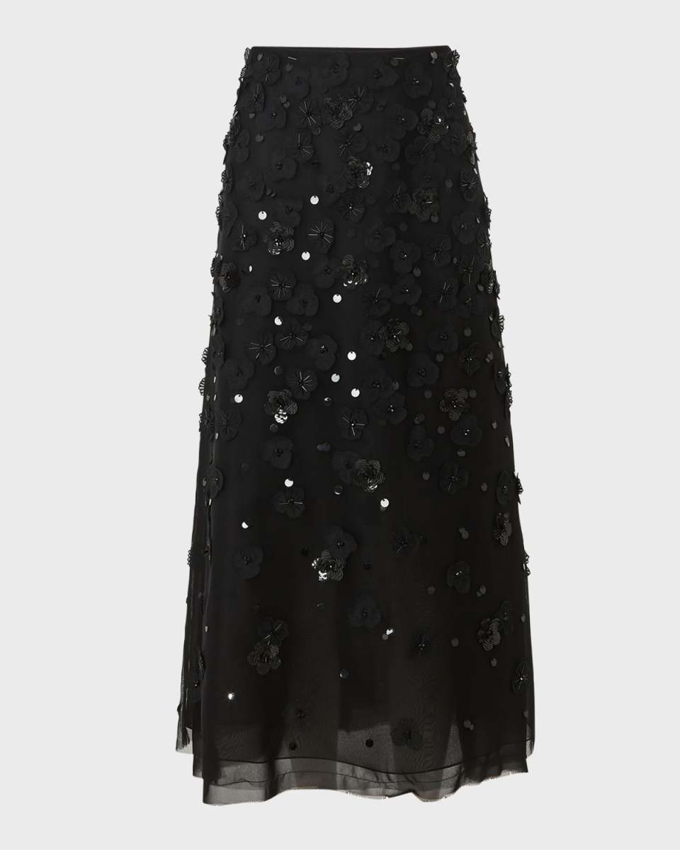 Embellished Midi Skirt with Floral Applique Details