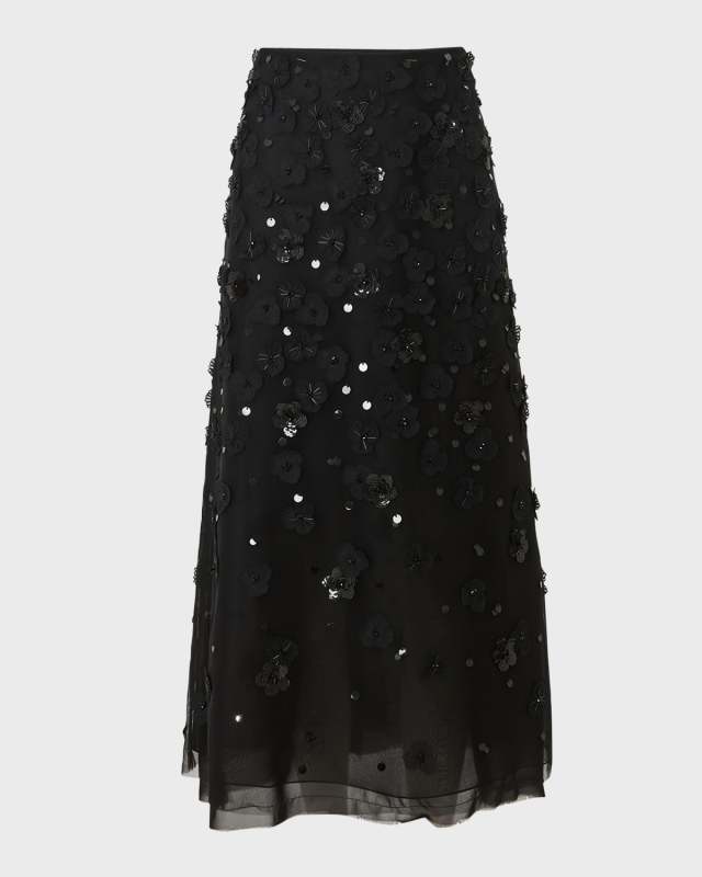 Embellished Midi Skirt with Floral Applique Details