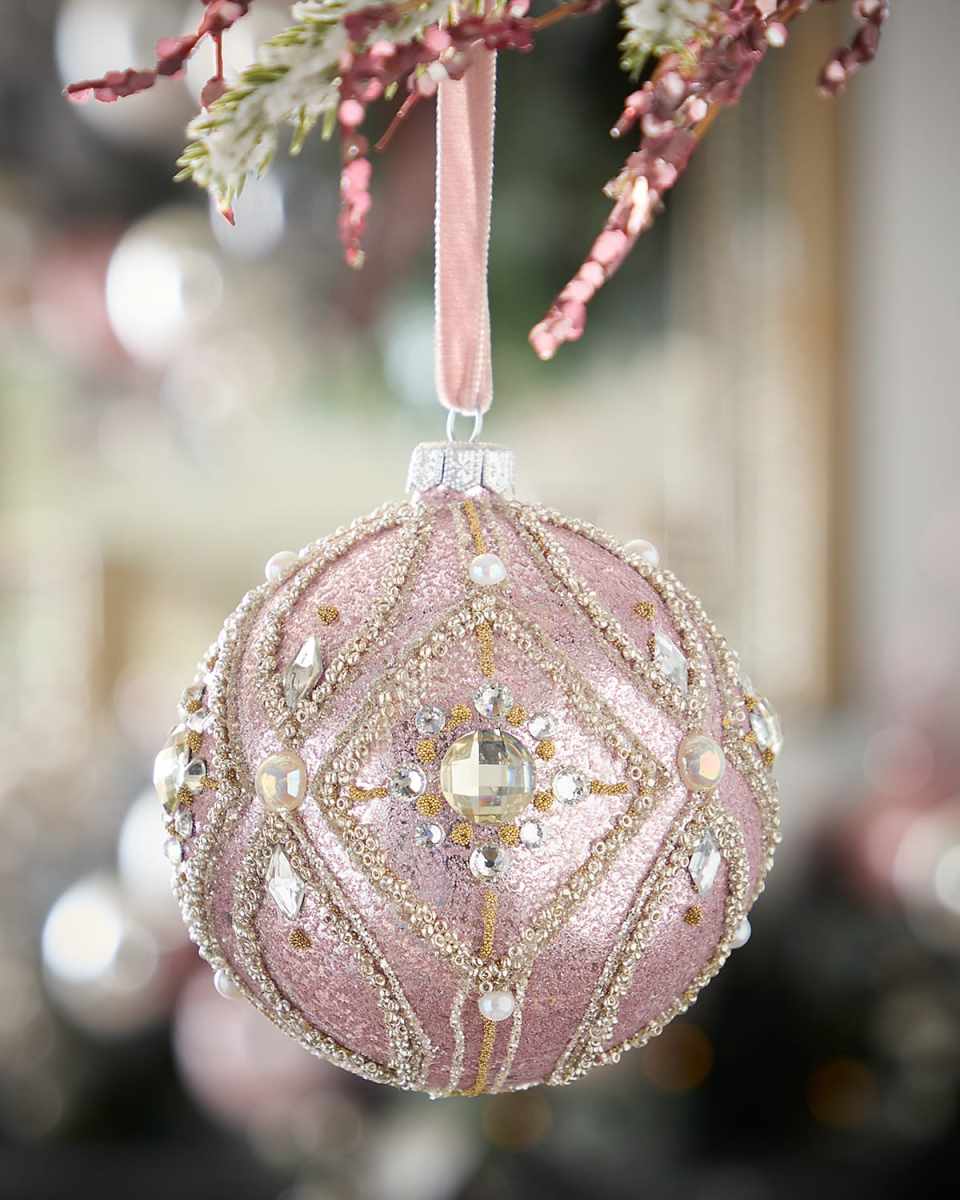 Pink Glitter Ball Christmas Ornament with Silver Rhinestones