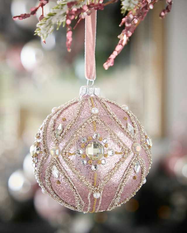 Pink Glitter Ball Christmas Ornament with Silver Rhinestones