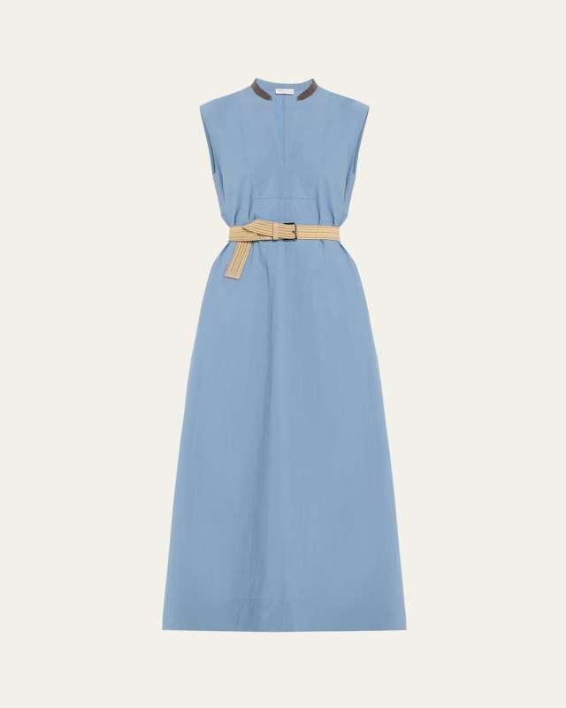 Cotton Poplin Maxi Dress with Raffia Belt