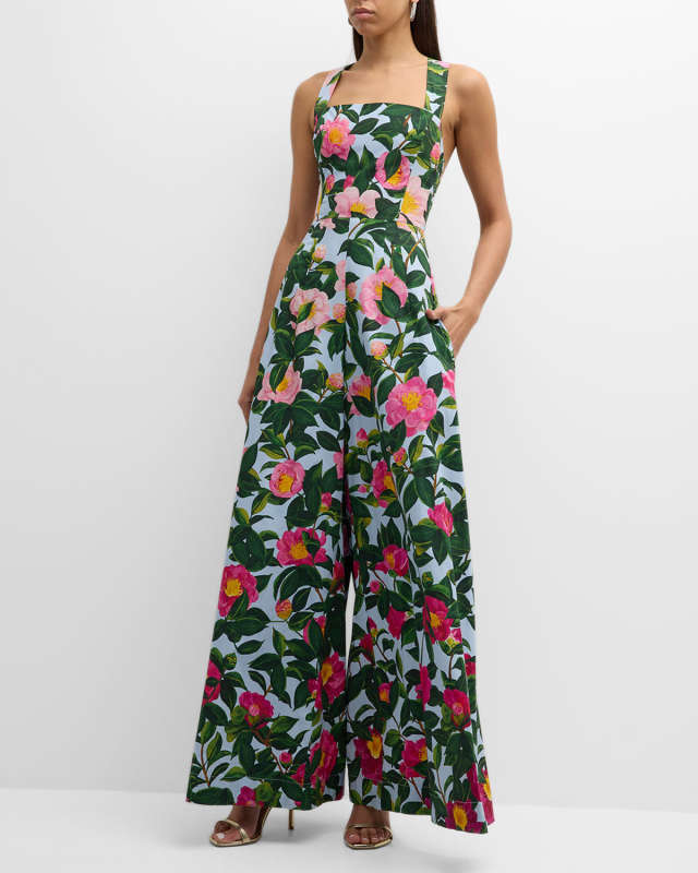 Camellia Poplin Sleeveless Wide-Leg Romper