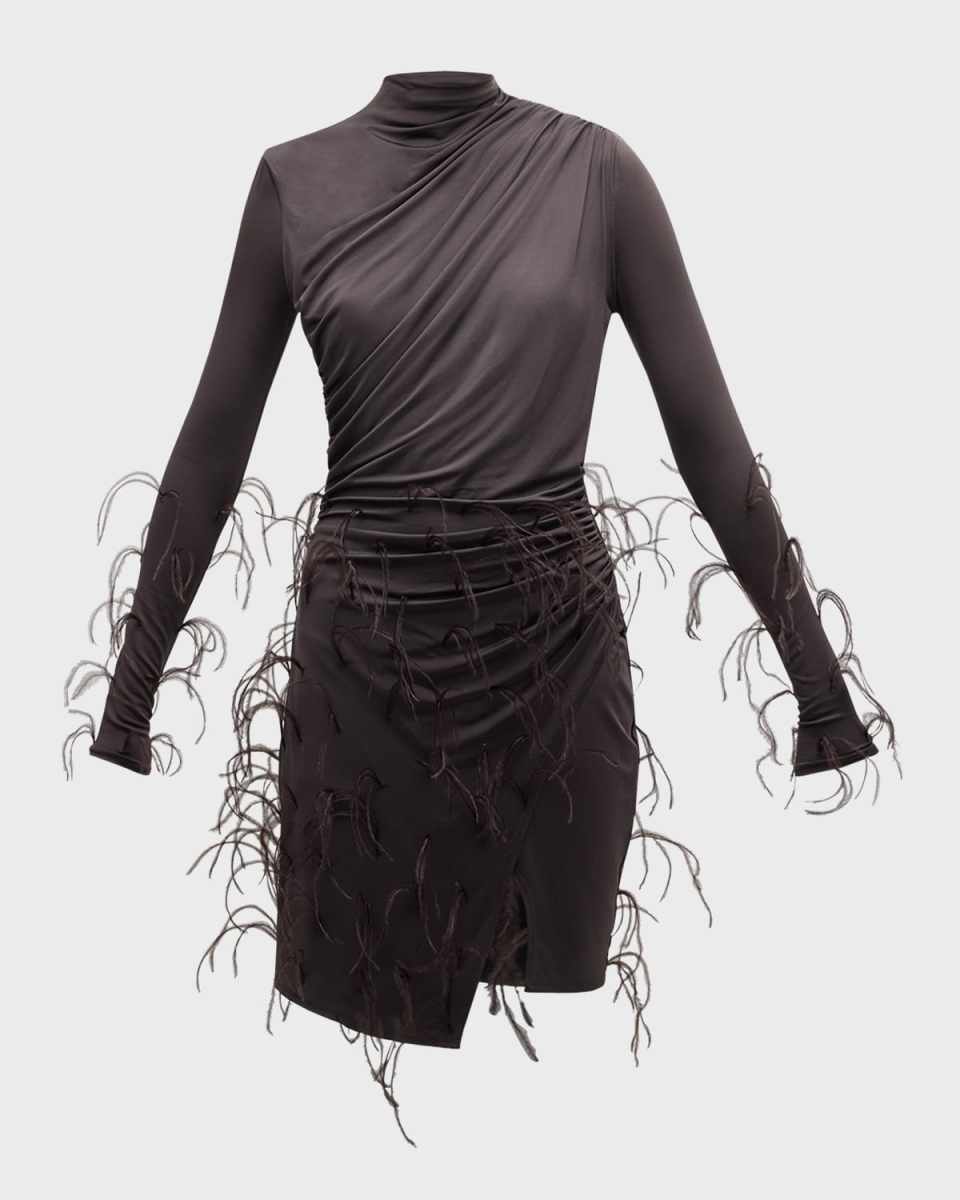 Feather-Trim Long-Sleeve Draped Jersey Mini Dress