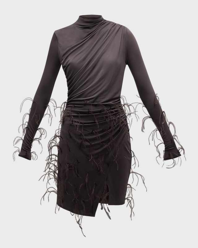 Feather-Trim Long-Sleeve Draped Jersey Mini Dress