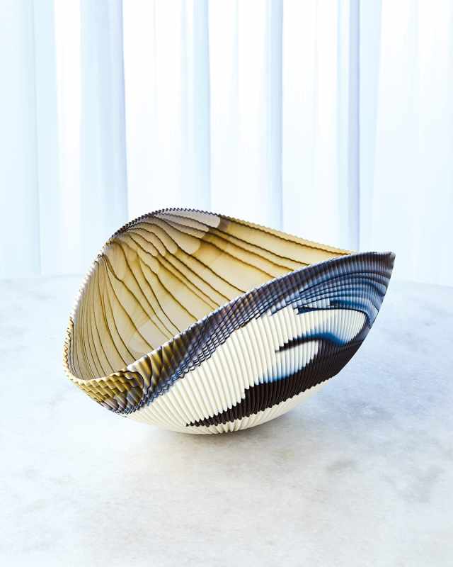 Large Pleated Bowl, Amber/Blue Filigree