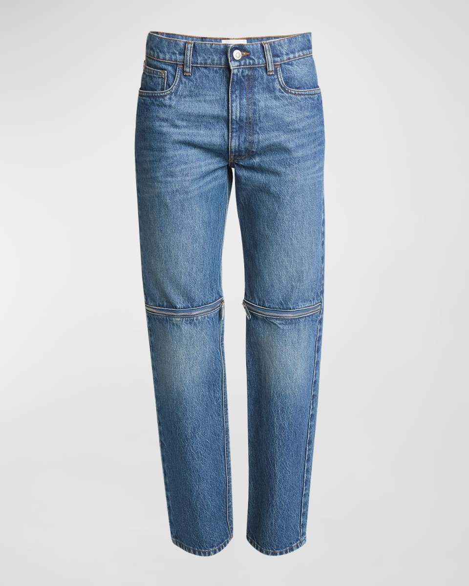 Knee-Zip Straight-Leg Denim Pants