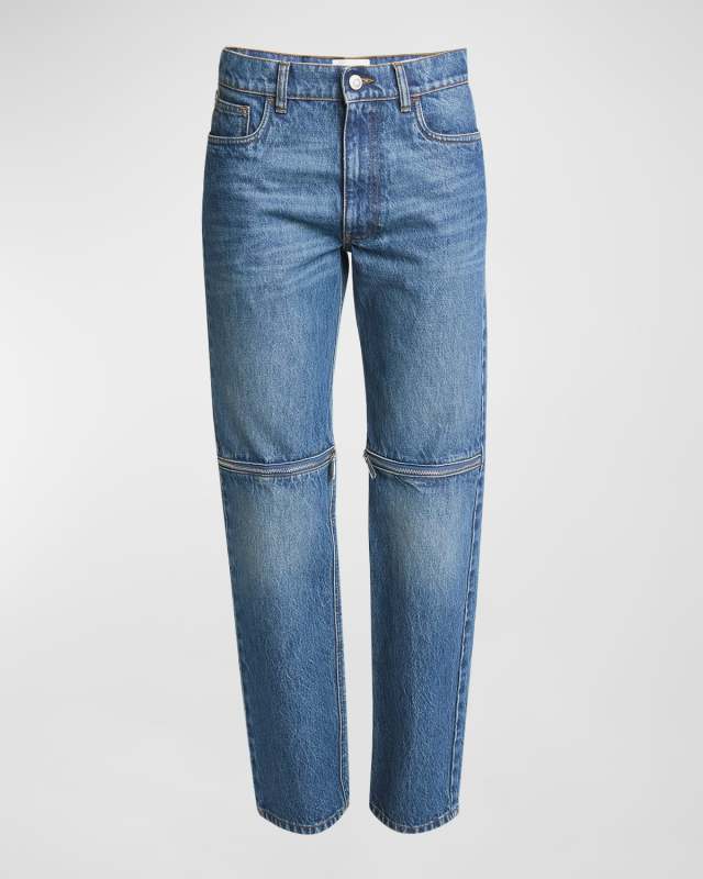 Knee-Zip Straight-Leg Denim Pants
