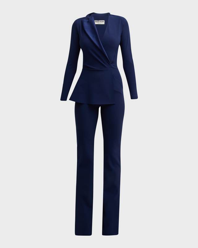 Satin Lapel Long-Sleeve Peplum Jumpsuit