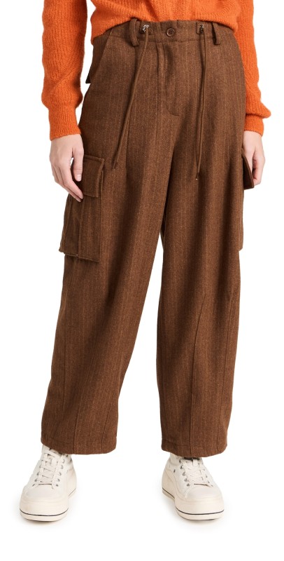 Moon River Stripe Pattern Multiple Cargo Pockets Pants Red Brown