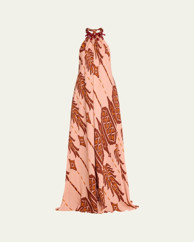 Mohican Song Embellished Halter Silk Maxi Dress