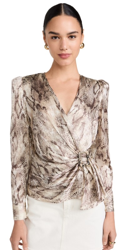 L'AGENCE Bensen Wrap Blouse with Buckle Tan Multi Snake