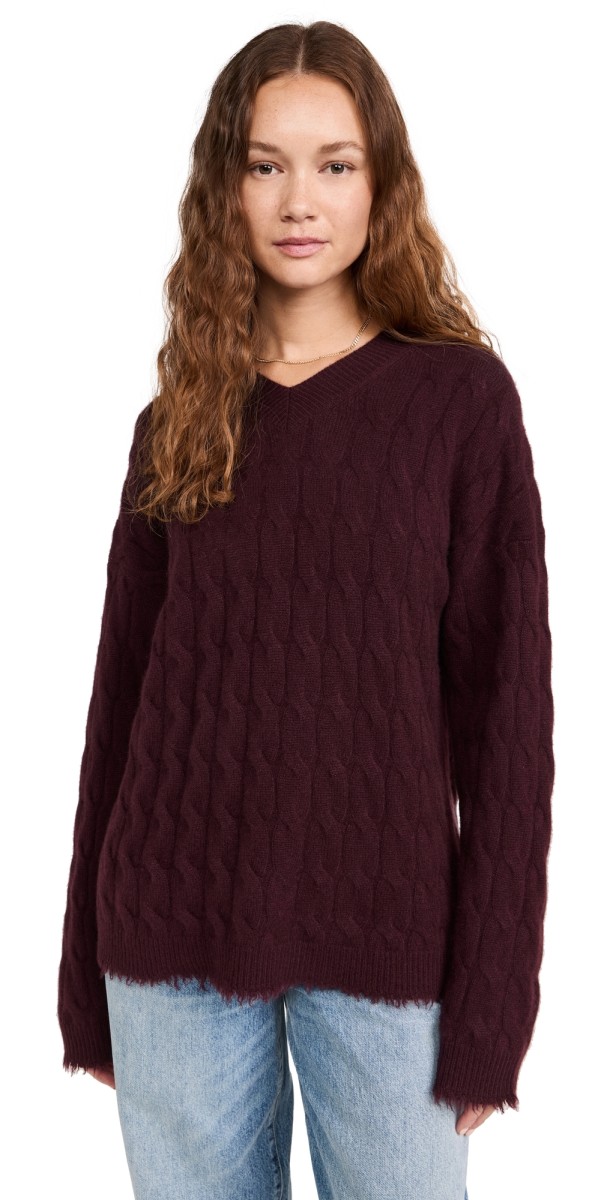RE/DONE Cashmere Cable V-Neck Pullover Oxblood