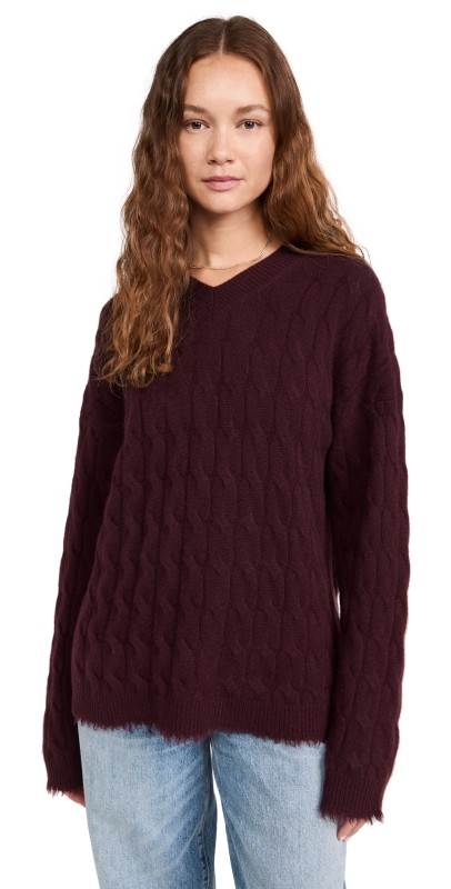 RE/DONE Cashmere Cable V-Neck Pullover Oxblood