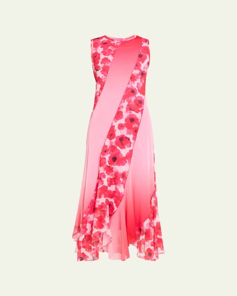 Tulsi Poppy-Print Patchwork Midi Flare Dress