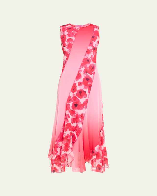 Tulsi Poppy-Print Patchwork Midi Flare Dress