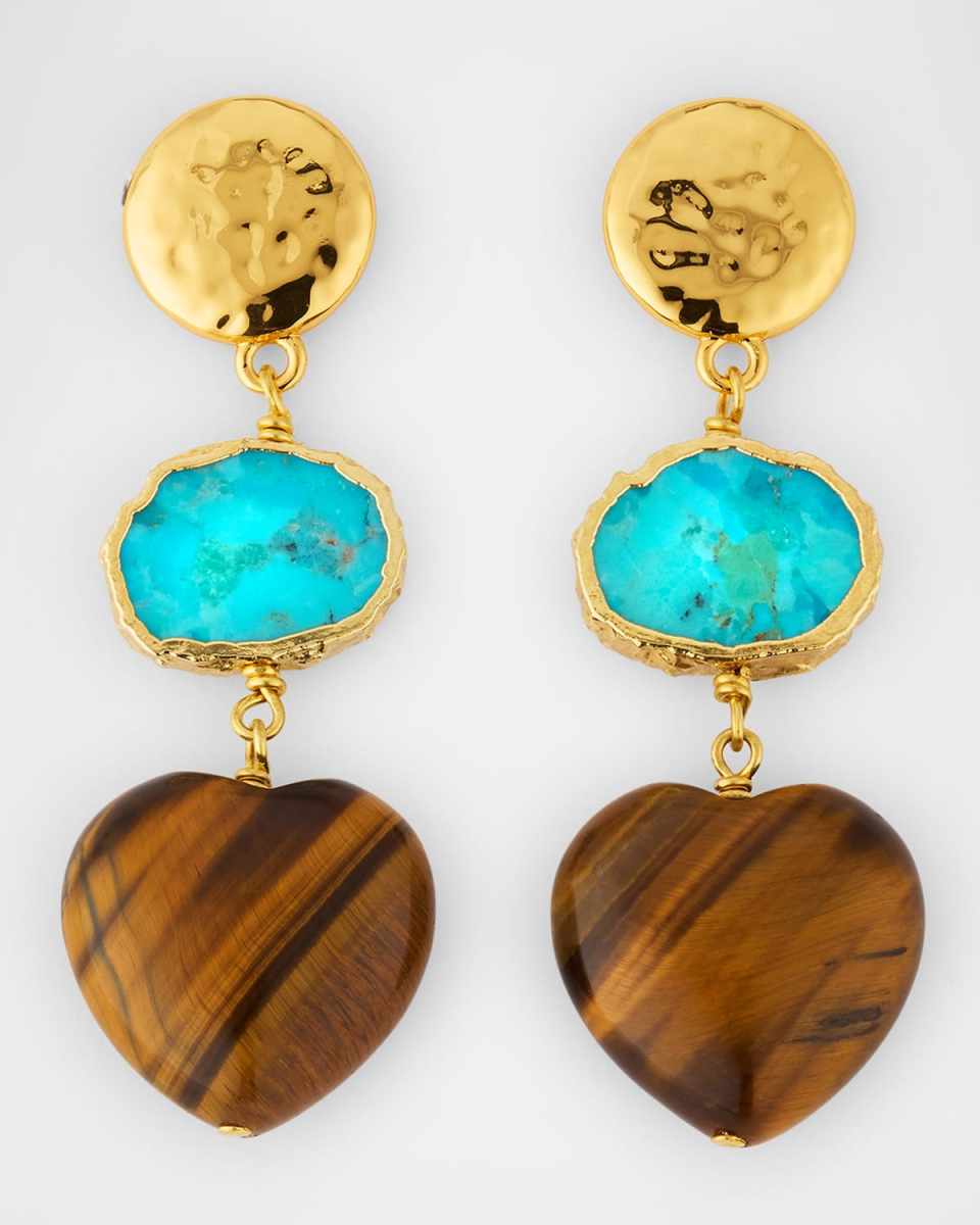 Tiger's Eye Heart and Turquoise Drop Earrings