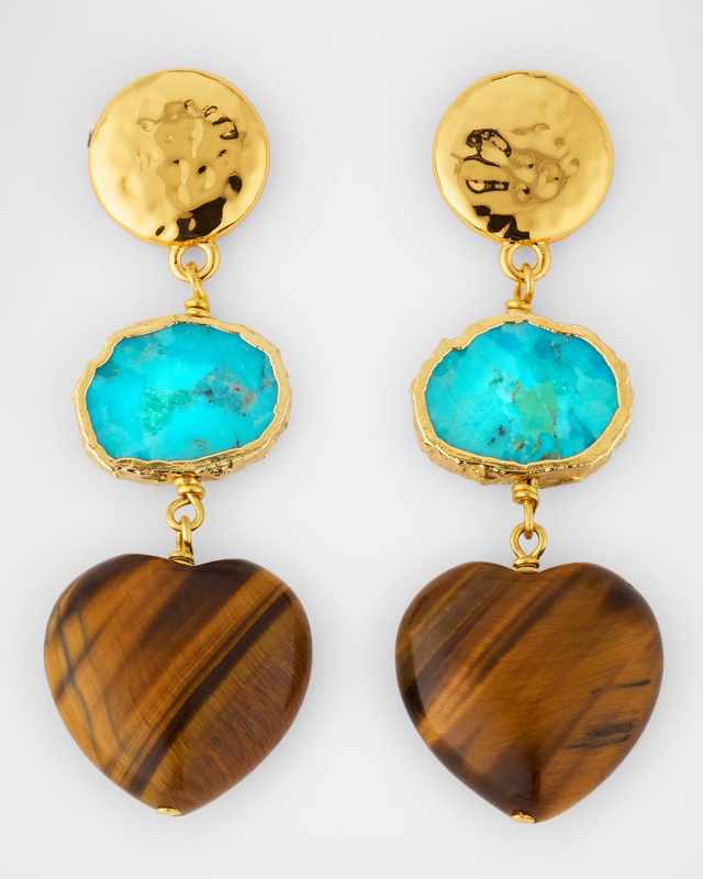 Tiger's Eye Heart and Turquoise Drop Earrings