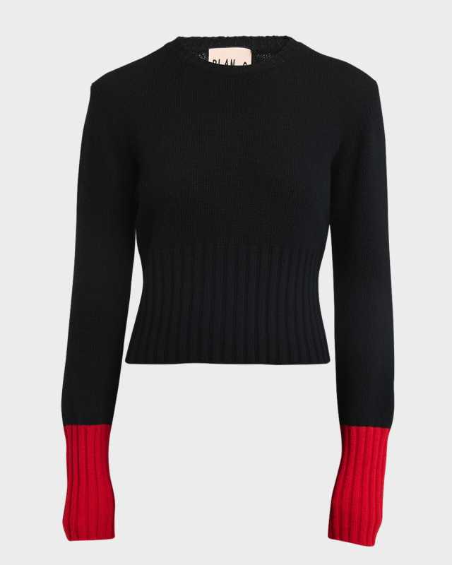 Contrast Cuffs Long-Sleeve Crewneck Knit Sweater