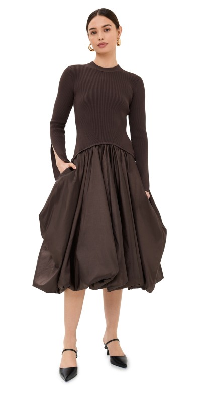 SIMKHAI Kenlie Mock Neck Midi Dress Chocolate