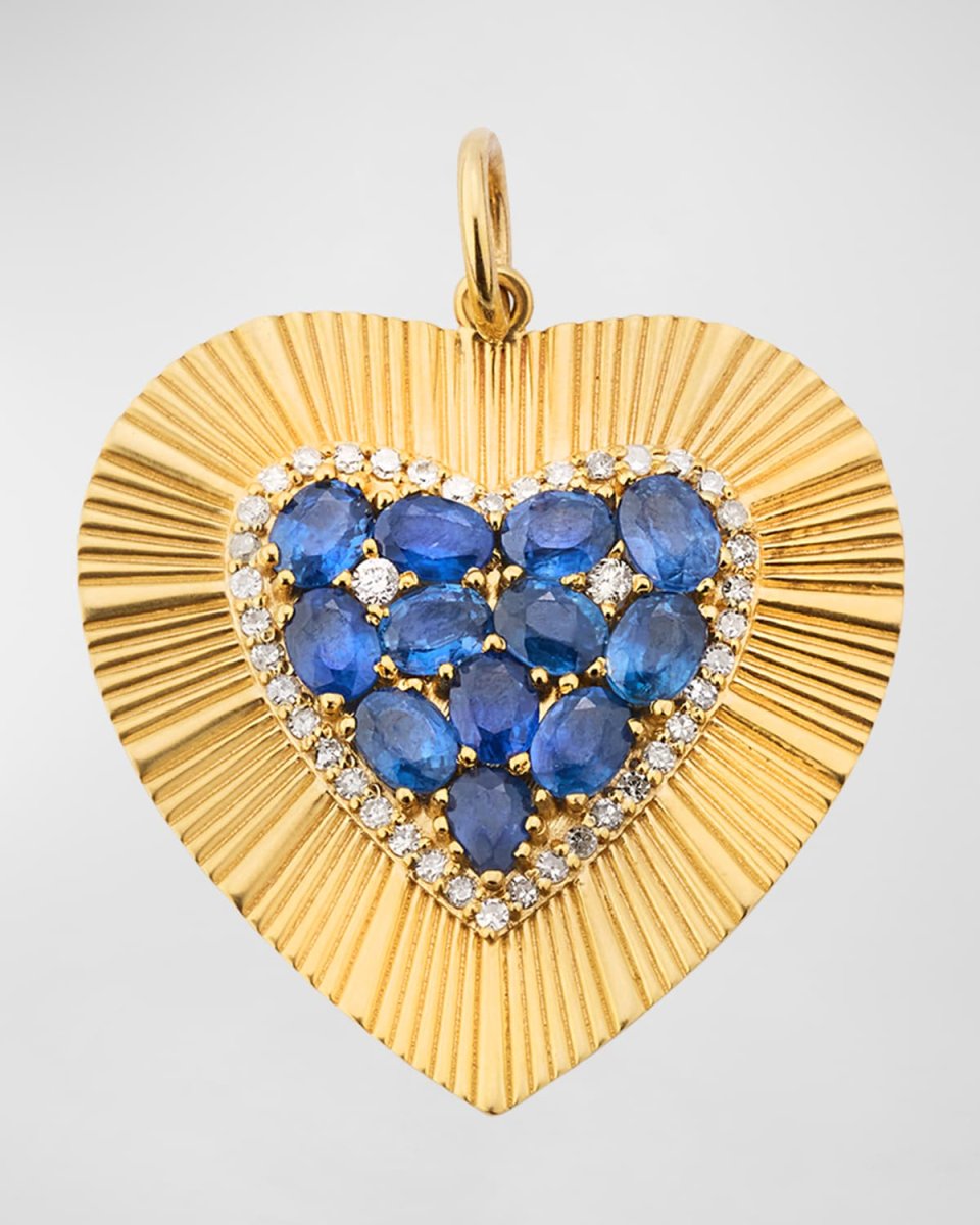 14K Yellow Gold Blue Sapphire and Diamond Fluted Heart Charm