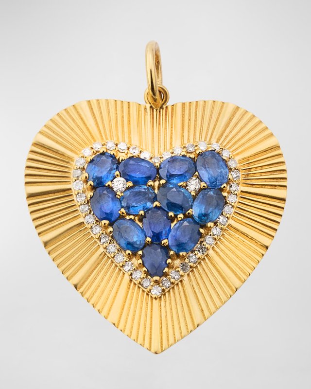 14K Yellow Gold Blue Sapphire and Diamond Fluted Heart Charm