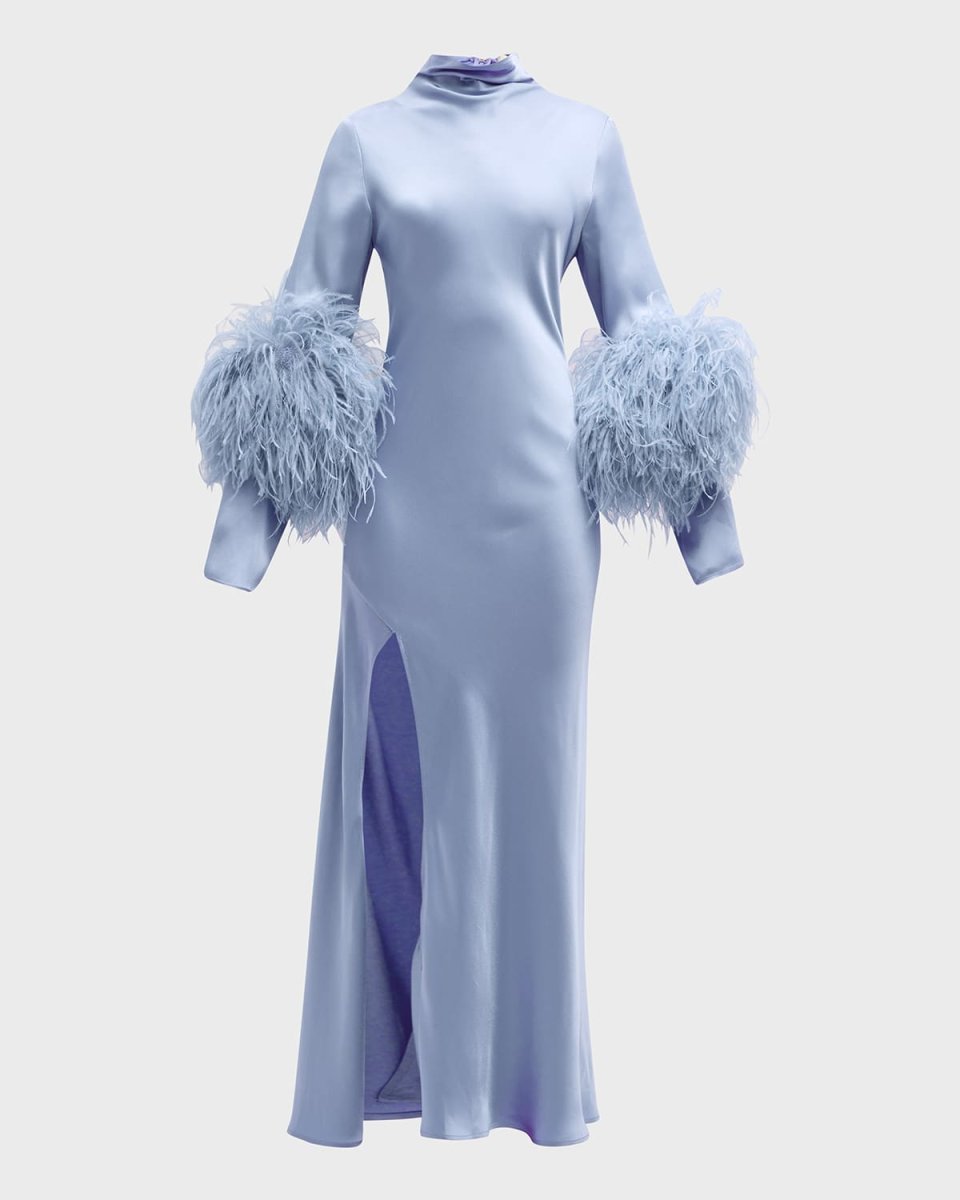 Feather-Trim Mock-Neck Long-Sleeve Slit Satin Bias Gown