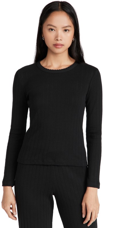 Leset Pointelle Slim Fit Long Sleeve Top Black