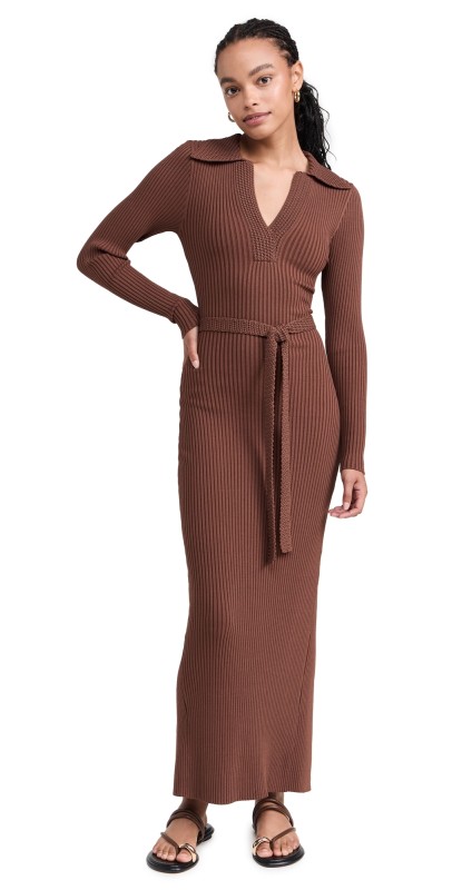 Moon River Long Sleeve Knit Midi Dress Brown