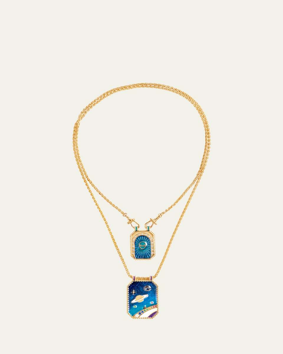 18K Yellow Gold Believe Double Scapular Necklaces with Diamonds and Sapphires, Set of 2
