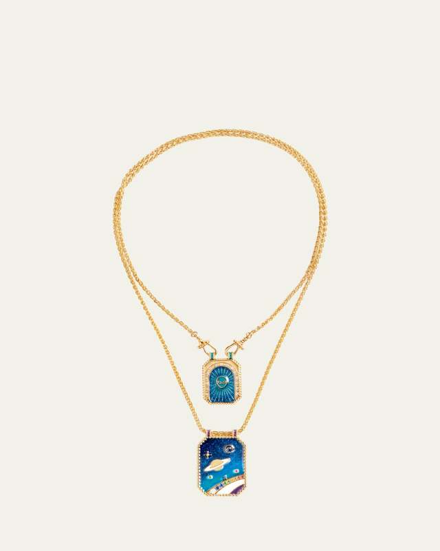 18K Yellow Gold Believe Double Scapular Necklaces with Diamonds and Sapphires, Set of 2