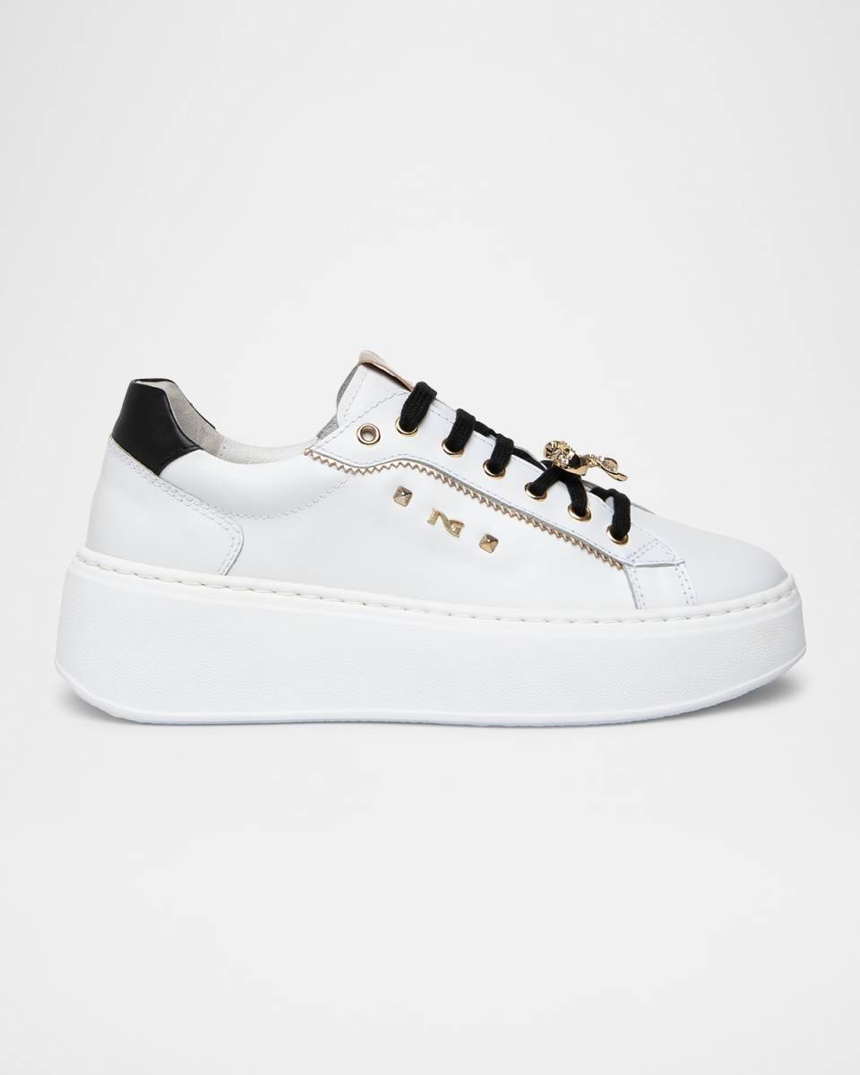 Gems Mixed Leather Bow Skater Sneakers