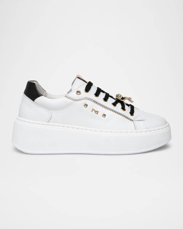Gems Mixed Leather Bow Skater Sneakers