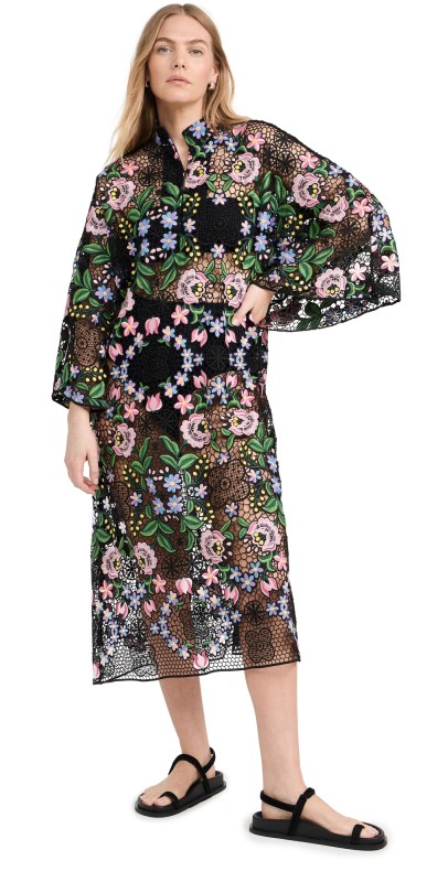 La Vie Style House Floral Embroidery on Black Net Maxi Caftan Multi Color
