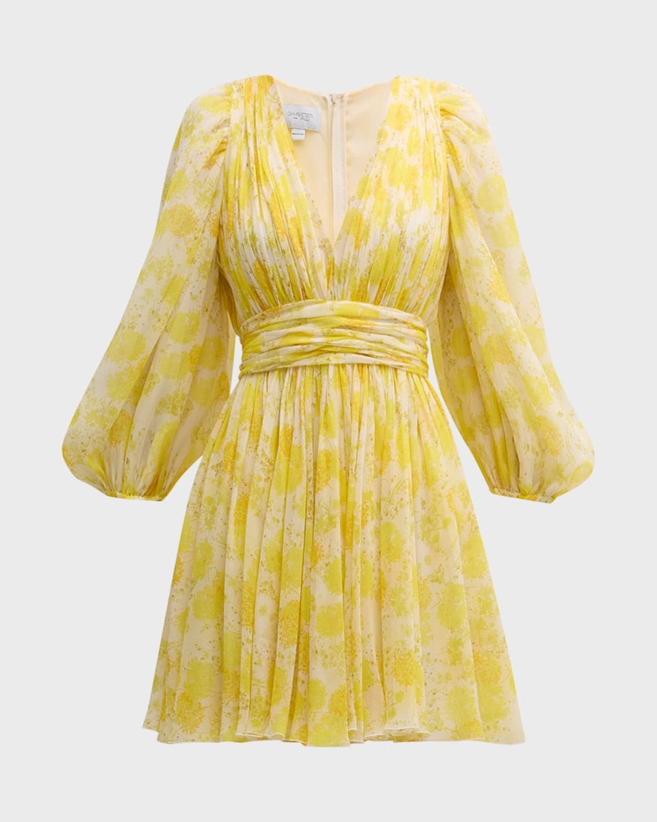Floral-Print Balloon-Sleeve Silk Georgette Mini Dress
