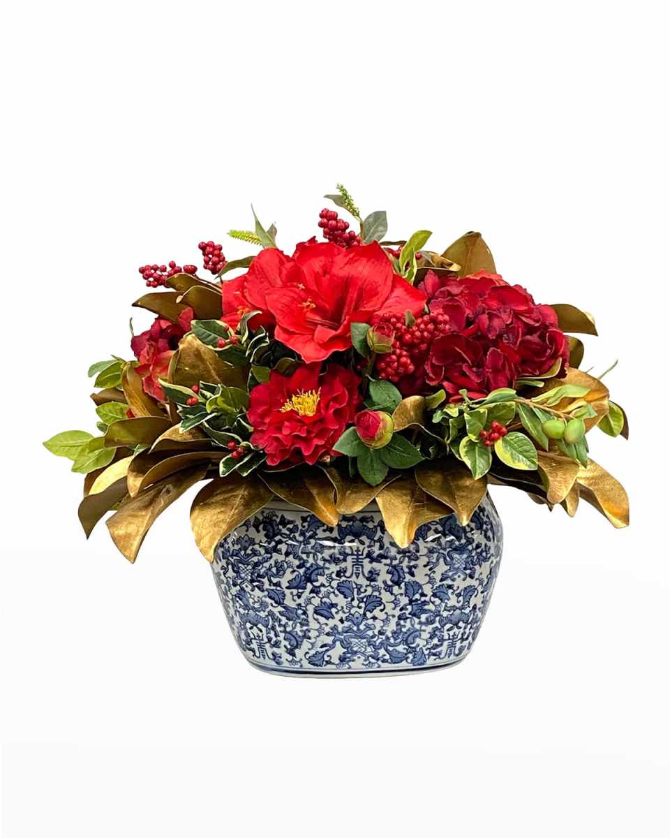 Faux Amaryllis Holly Floral Arrangement in Planter