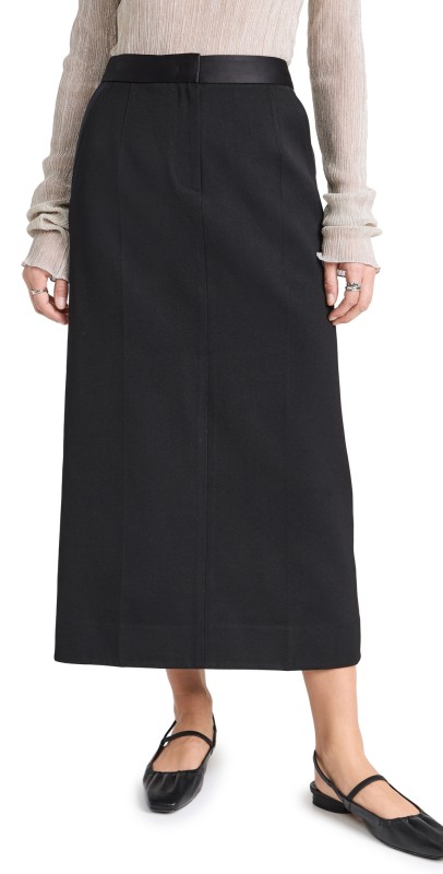 RECTO Tailored Wool Cotton Twill Long Skirt Black