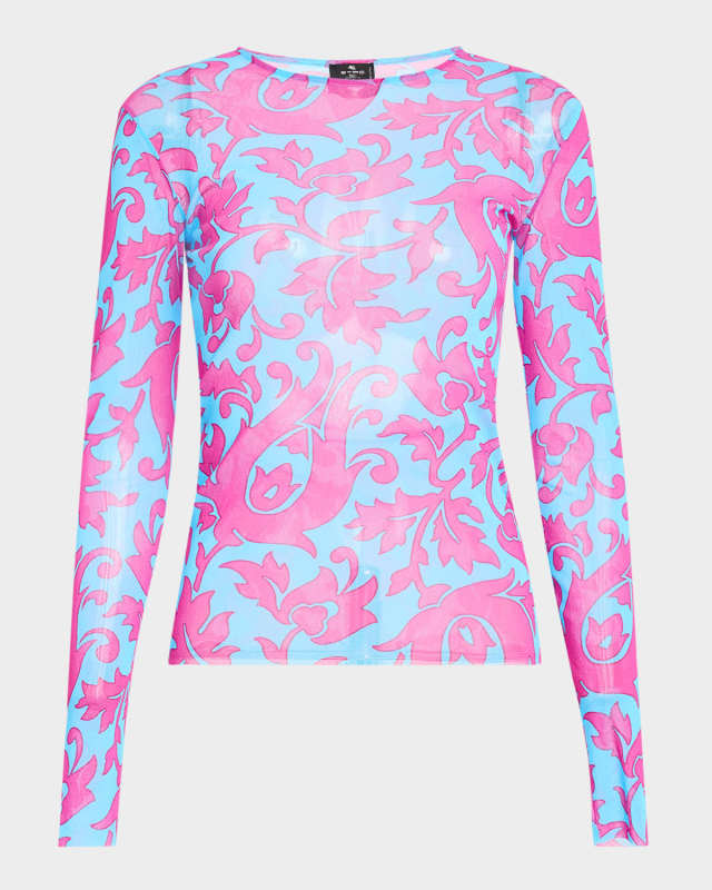 Tile-Print Long-Sleeve Mesh Top