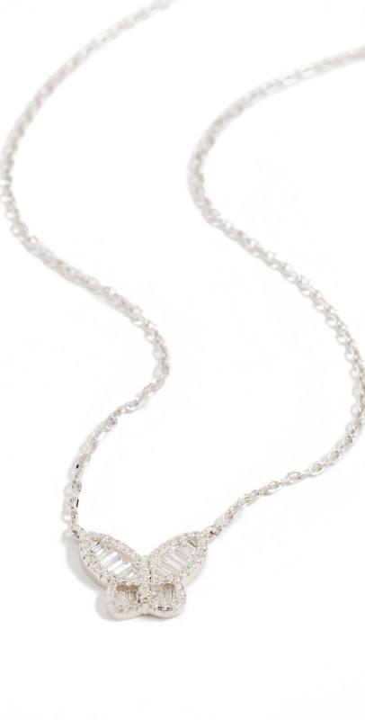 By Adina Eden Small Pave X Baguette Butterfly Necklace Silver