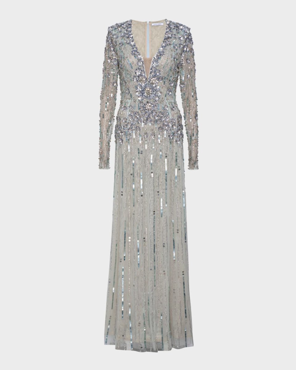 Rosa Plunging Embellished Long-Sleeve Gown