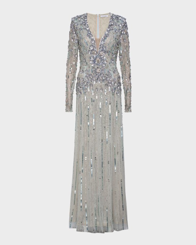 Rosa Plunging Embellished Long-Sleeve Gown